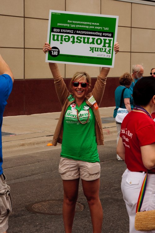 Anne O'Connor enthusiastically supports Frank Hornstein at Twin Cities Pride.